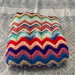 Hand Crafted Crocheted Afghan/Blanket Zig Zag Multi-Colored Pattern.   60x60